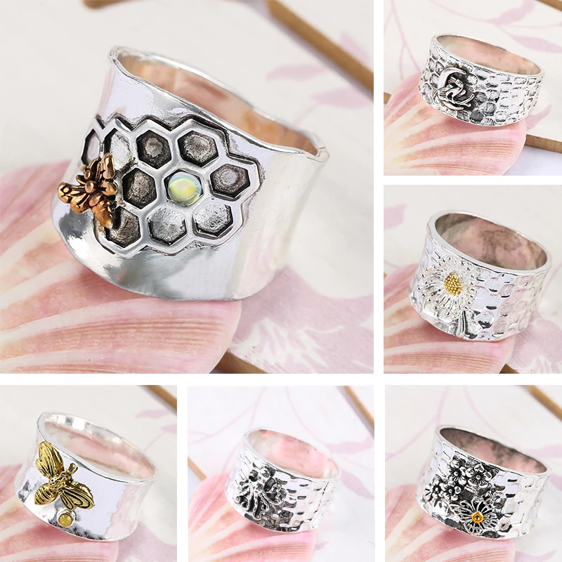 

Trend Fashion Bee And Honeycomb Wide Ring For Men Women Vintage Punk Finger Silver Plated Party Jewelry Gifts