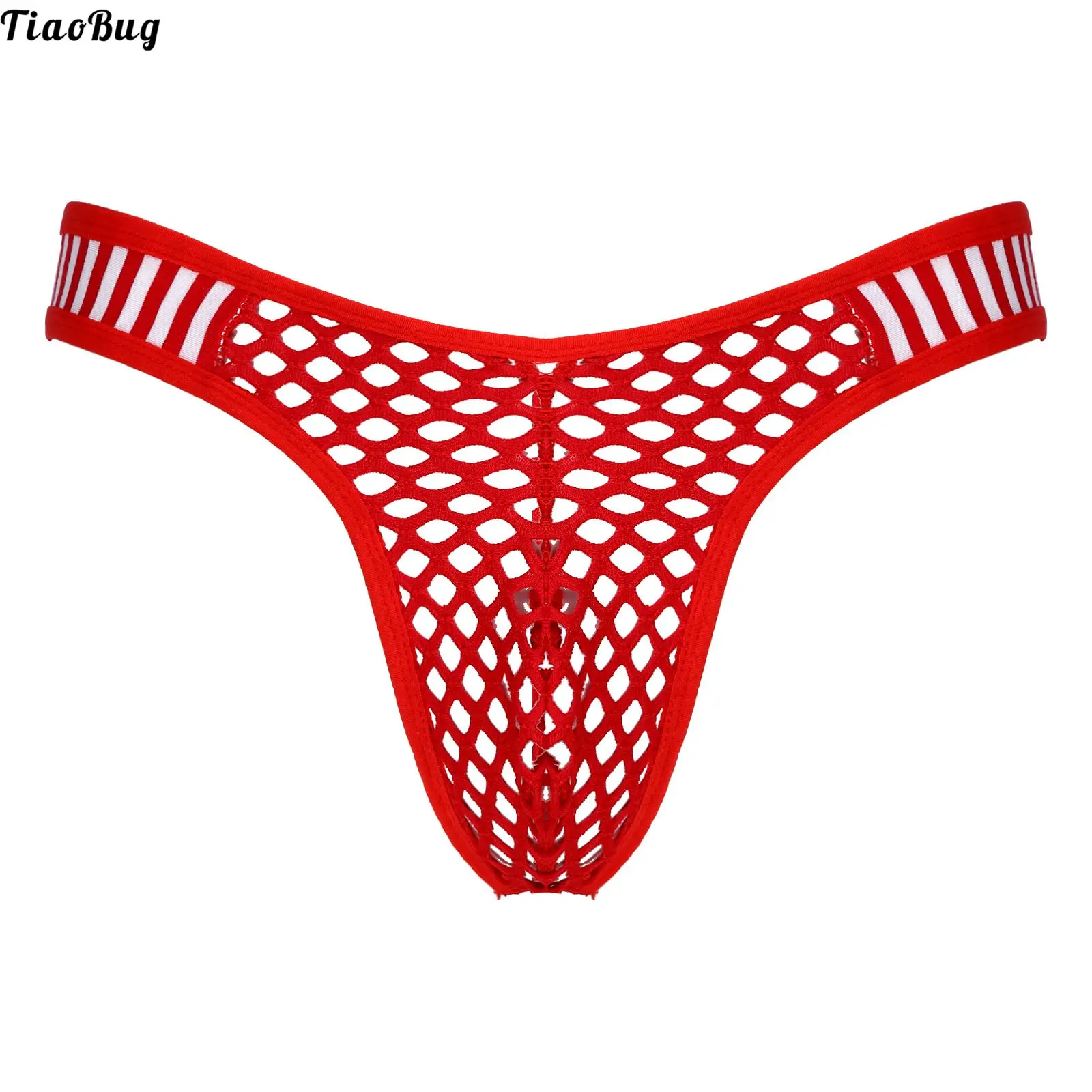 

TiaoBug Men Hollow Out Fishnet Briefs Low Waist Striped Elastic Waistband Thongs See-Through Bulge Pouch Underpants Underwear