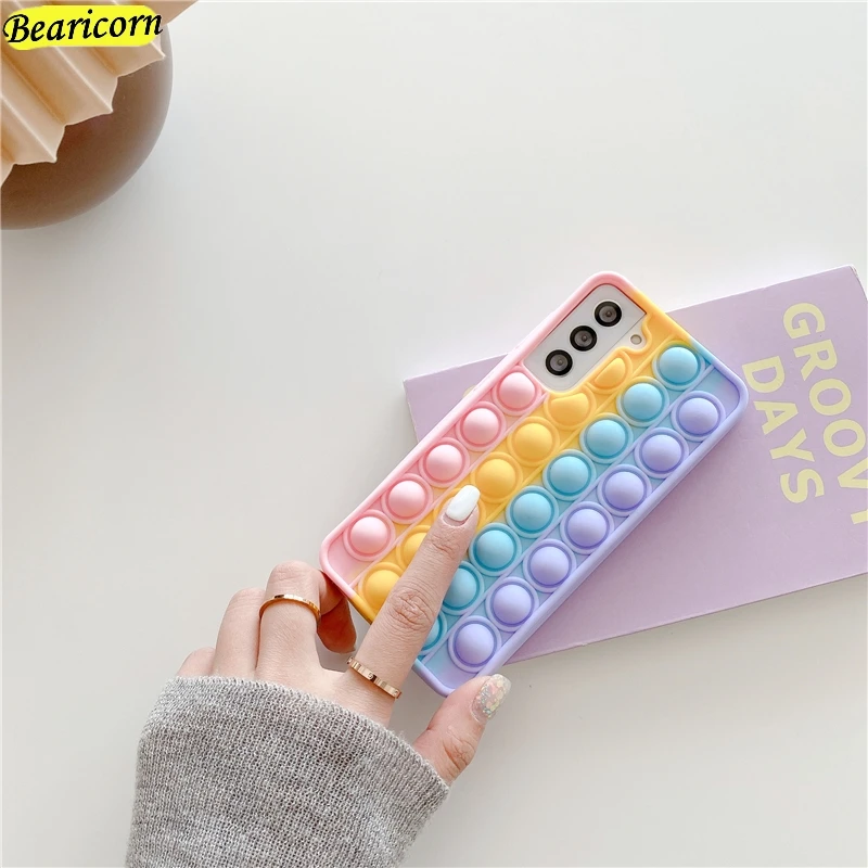 Pop Bubble Fidget Toys Case For Samsung Galaxy S21 S20 FE S10 S9 Plus Note 9 10 20 Ultra 5G Rainbow Beans Cartoon Unicorn Cover