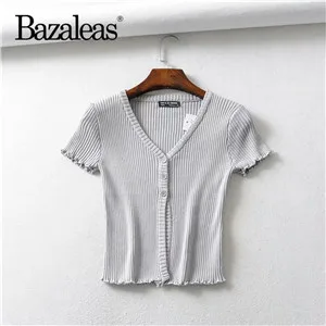 T31 grey 1169 Bazaleas кнопки в стиле ретро Женская футболка harajuku футболка Прямая панк обрезанная футболка женская мода оранжевый вязаный укороченный топ - Цвет: T31 grey 1169