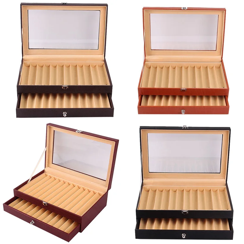 

24 Slots Wooden Fountain Pen Display Case, Luxury Topped PU Leather Pen Display Case Jewelry Organizer