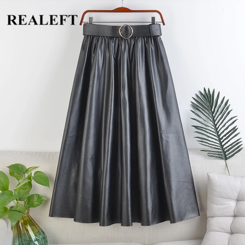 

REALEFT 2021 Новый осень-зима из Искусственной ПУ-кожа mi-длинная юбка с поясом с высокой талией элегантное платье-трапеция, шикарные ботинки до се...