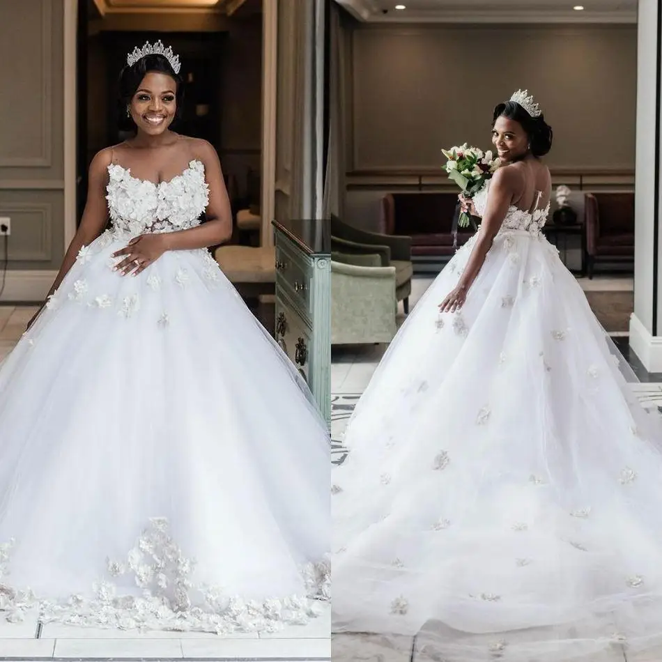 

South African A Line Wedding Dresses Sweetheart Neck 3D Lace Appliques Bridal Gowns Princess Sweep Train Wedding Dress