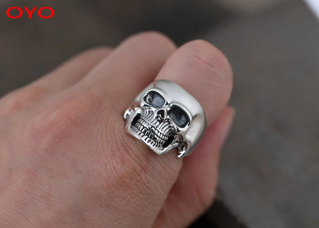 100% S925 Silver Retro Craft Open Index Finger Ring Men's Thai Silver Fashion Skull Ring