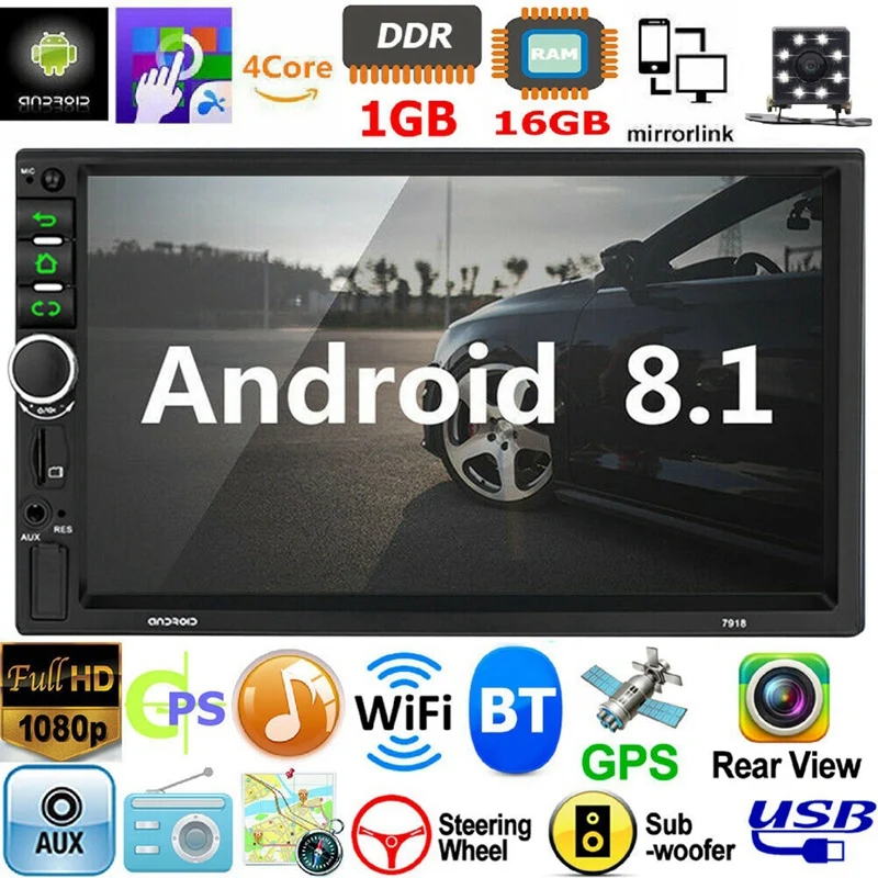 

2 Din Android 8,1 автомобильный стерео 7 дюймов GPS Navi MP5 плеер двойной Wi-Fi, 4 ядра BT с Камера, 7918
