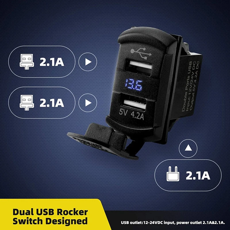

Dual USB Rocker Switch Led Digital Voltmeter for Fast Charging Electronic Devices,Universal for All 12V-24V Cars
