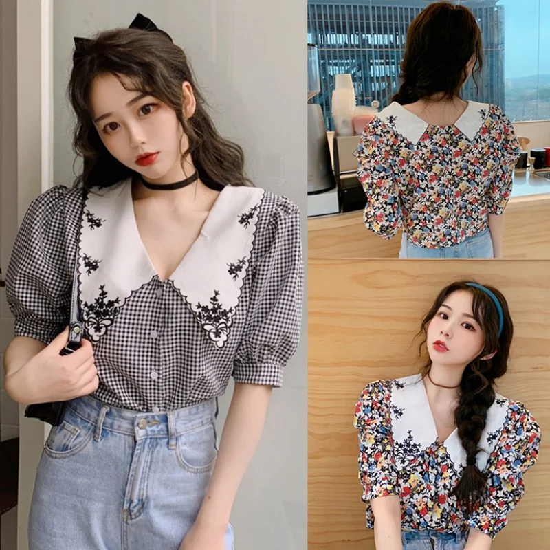 

Women Clothes 2020 Ladies Summer Lapel Floral Puff Sleeve Design Niche Embroidered Shirt White Flower M-XL