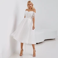 charming strapless tea length wedding dress high quality lace tassel organza a line off the shoulder bridal gowns