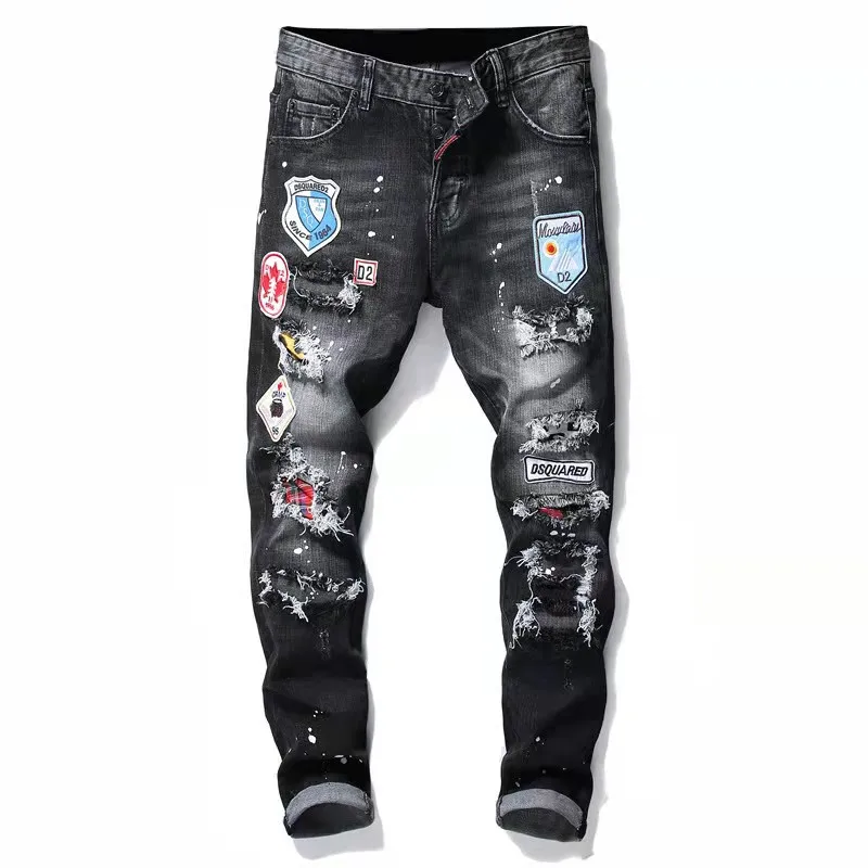 

Italian Fashion Brand Dsquared2 Men's Multiple Badge Destruction Hip Hop Handsome Slim Stretch Jeans #T1020