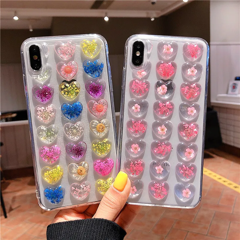 3D Любовь Сердце цветок чехол для iPhone X Xs Xsmax Xr Блестящий Прозрачный цветочный 7 8plus