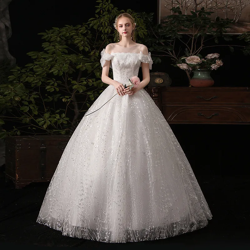 

Wedding Dress 2022 New Elegant Boat Neck Ball Gown Princess Luxury Lace Embroidery Bling Bling Wedding Dreses K623