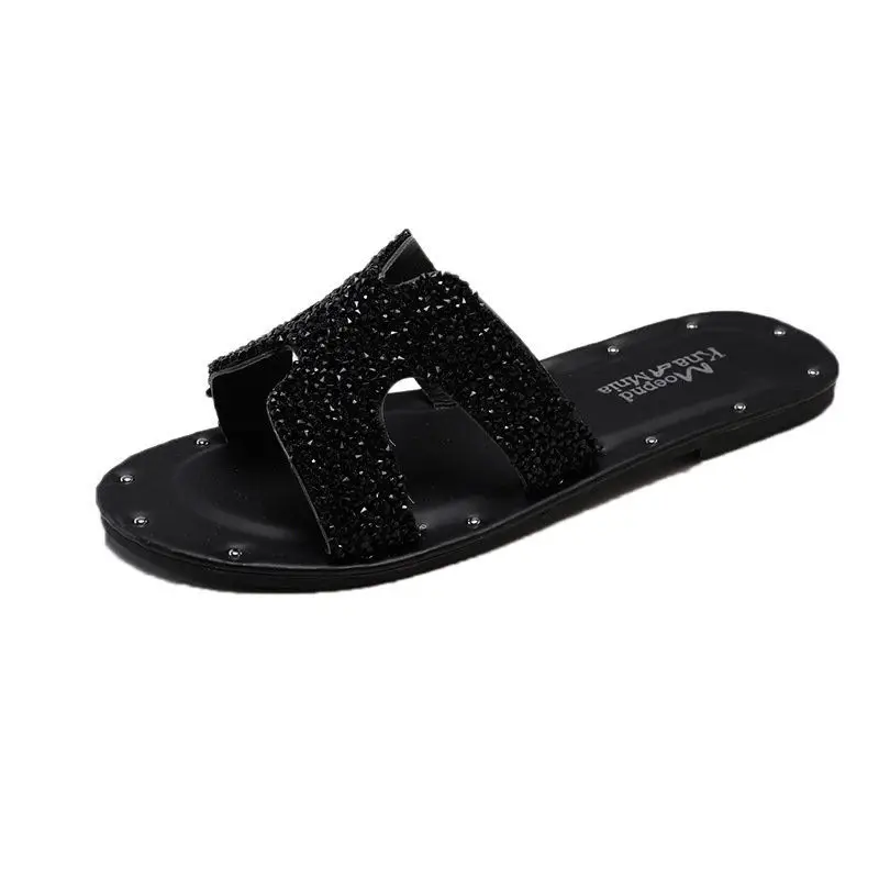 Summer New Women Slides 2021 Lady Fashion Solid Color Flat Shoes Sandals Red Bling Sequins Women's All-match Casual Slippers