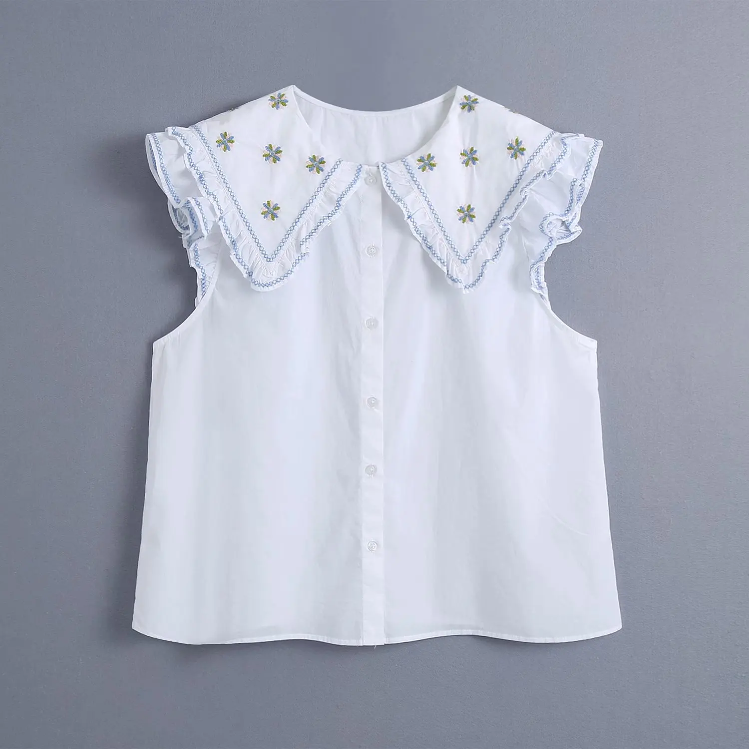 

Embroidered Poplin Doll Collar Sleeveless Women's Shirt 2021 Summer Harajuku Sweet Chic Female Tops