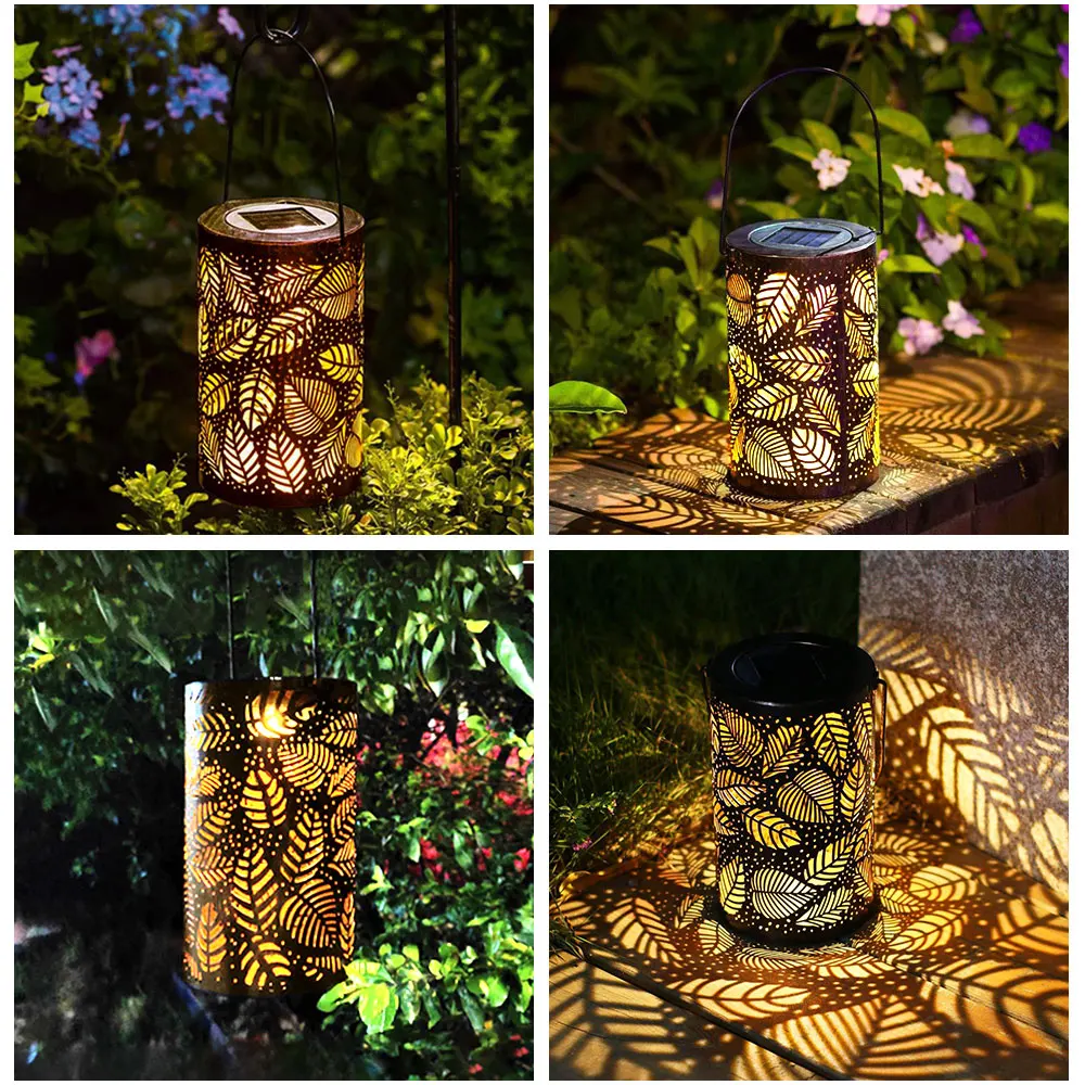

Solar Lantern Lights Outdoor Garden Hanging Light Metal Leaves Pattern Projection Lamp For Yard Patio Pathway Decoration
