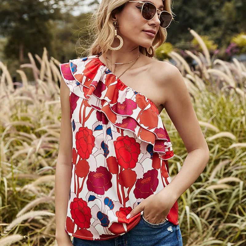 

Ruffle Patchwork Skew Collar Floral Print Sleeveless T Shirt Women Sexy Elegant Off Shoulder Temperament Streetwear Tops