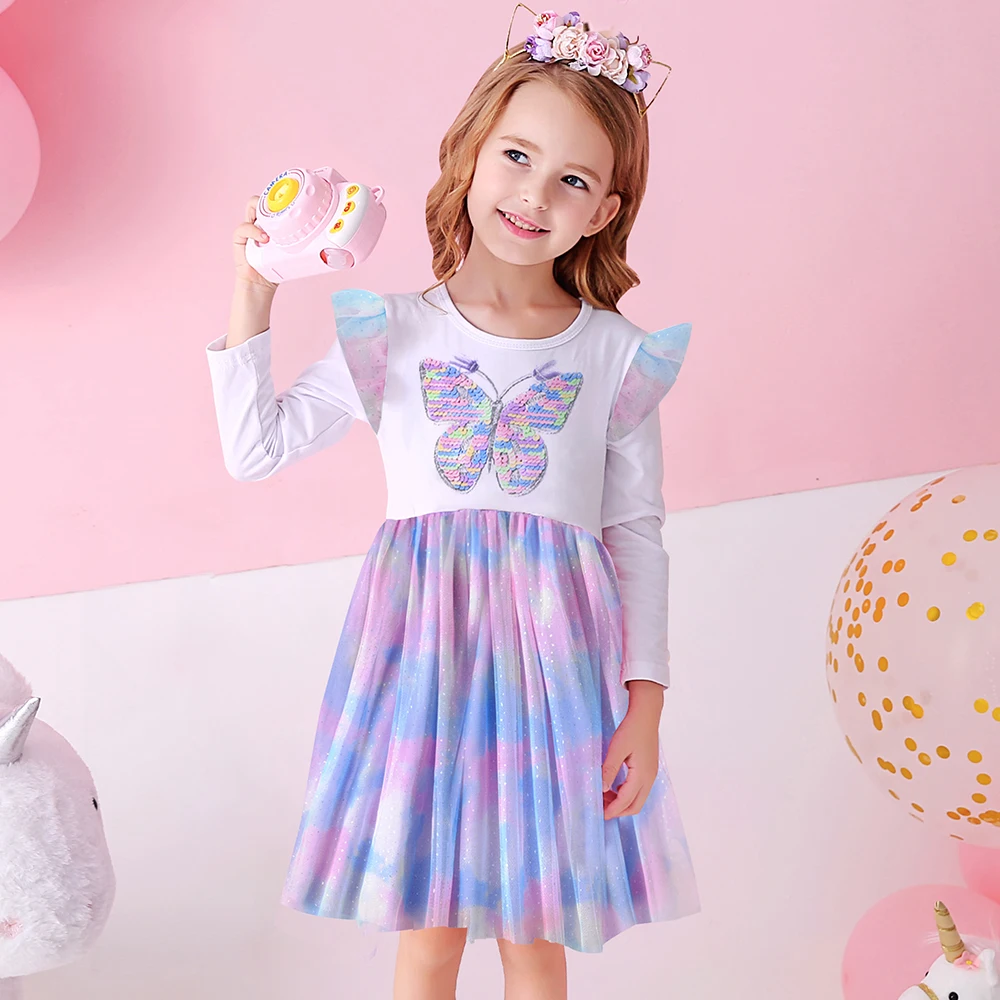DXTON-vestido con tut&uacute; infantil para ni&ntilde;a, de manga larga con lentejuelas de mariposa, malla Irregular, para fiesta de invierno-4