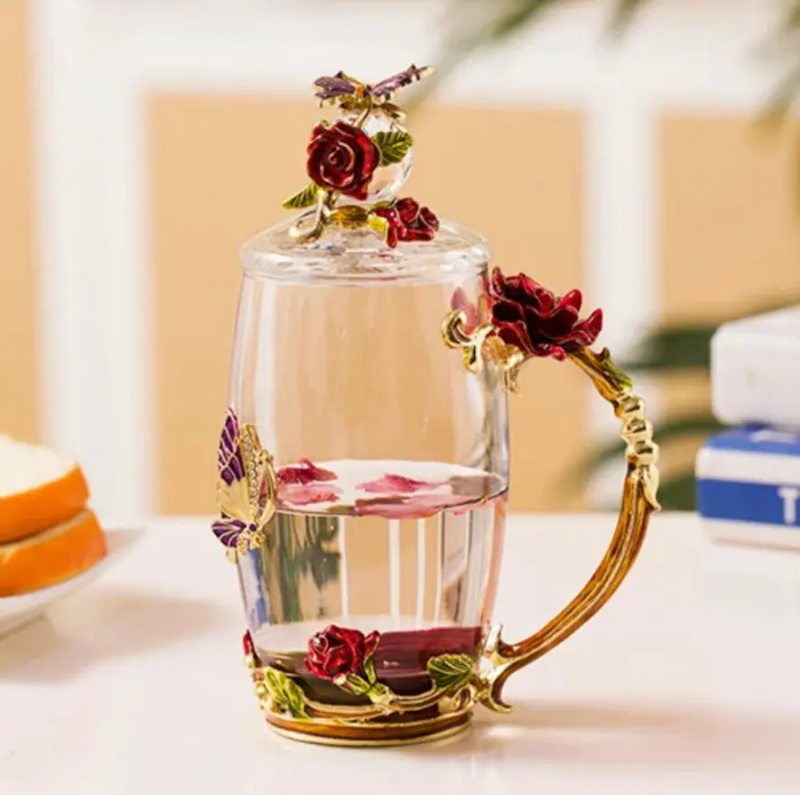 Ручная работа, эмалированная Хрустальная чашка, кофейная кружка, лимонный цветок, чайная чашка, Высококачественная стеклянная посуда для напитков, подарок, Пара кружек для влюбленных, свадьба