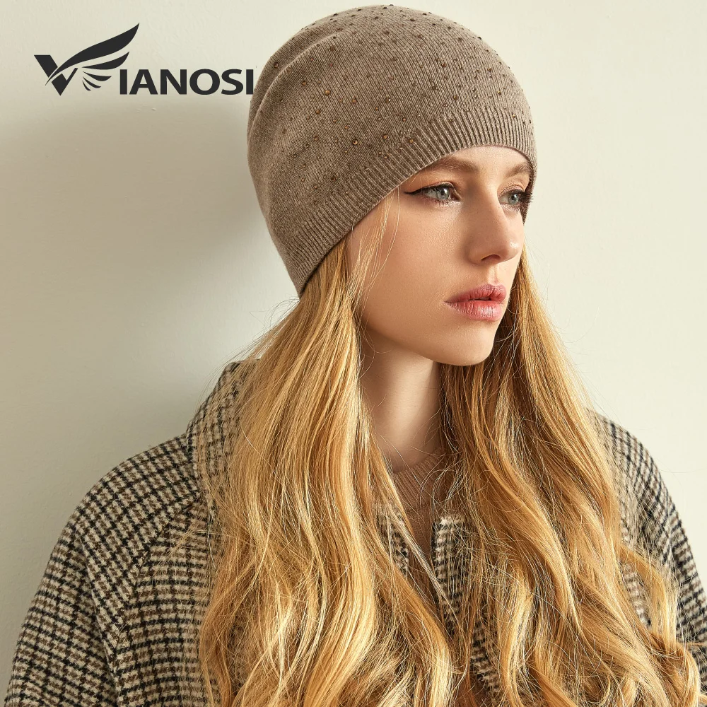 VIANOSI Brand Cashmere Knitted Winter Hat Women Thick Female Beanies Warm Cap Rhinestone Wool Hats for Women