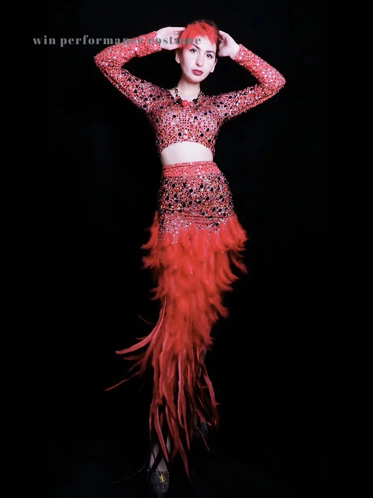 Красный сексуальный танцевальный костюм с блестками для сцены 2 предмета перо