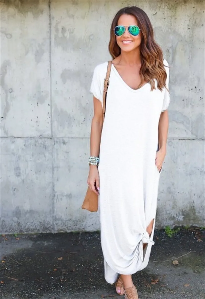 

Summer Pregnant Woman Dress Long Skirt Pregnant Irregular Short Sleeve Loose And Thin Solid Color Pocket Dress For Maternity