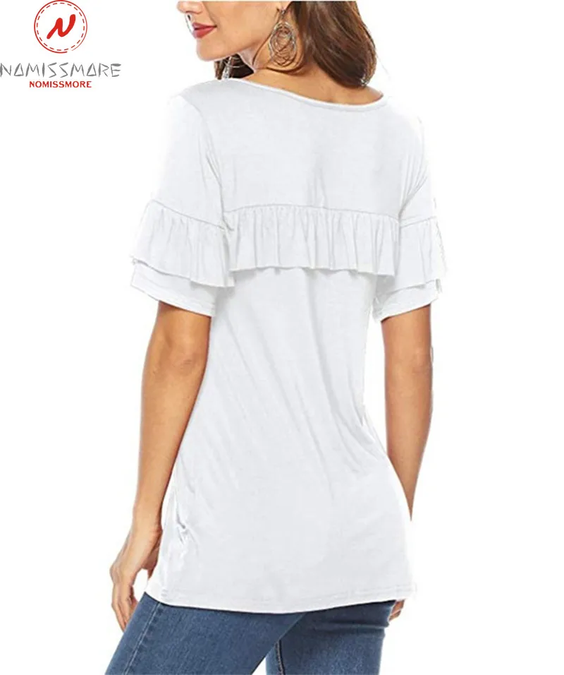 

Fashion Women Summer Solid Color T-Shirts Patchwork Design Ruffles Decor O-Neck Short Sleeve Casual Loose Pullovers Top