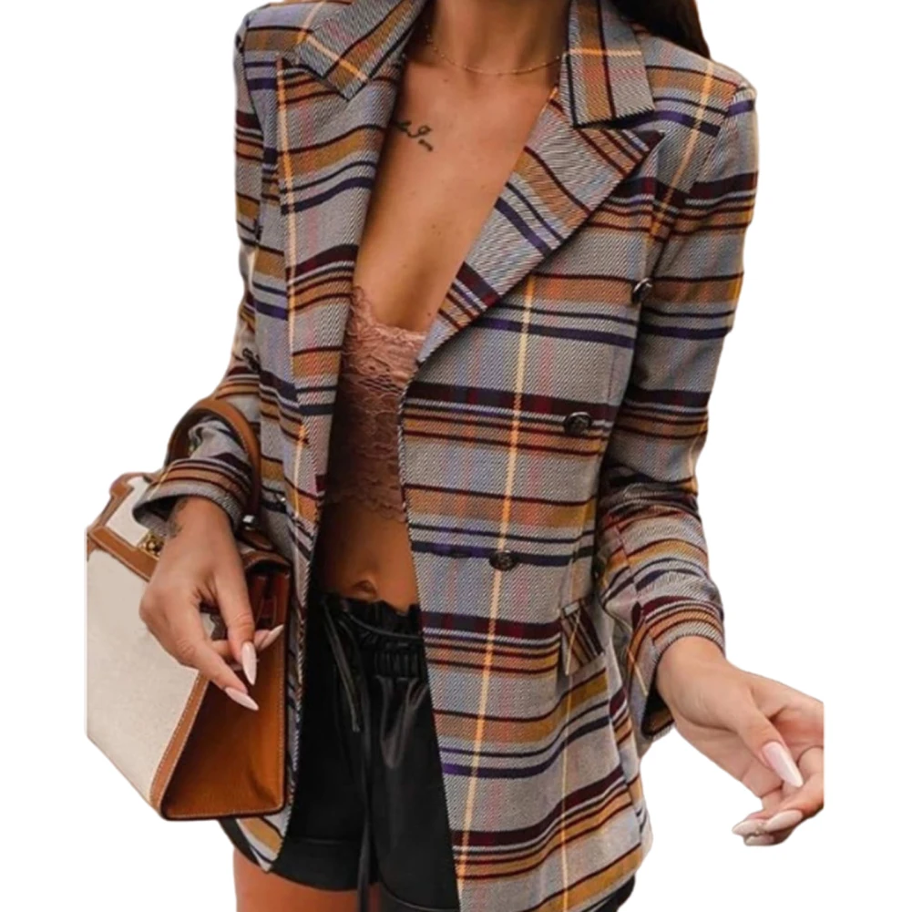 

Women Long Sleeve Lapel Coat Double-breasted Plaid Check Slim Blazer Jacket Coat Double-breasted Plaid Check Slim Blazer Jacket