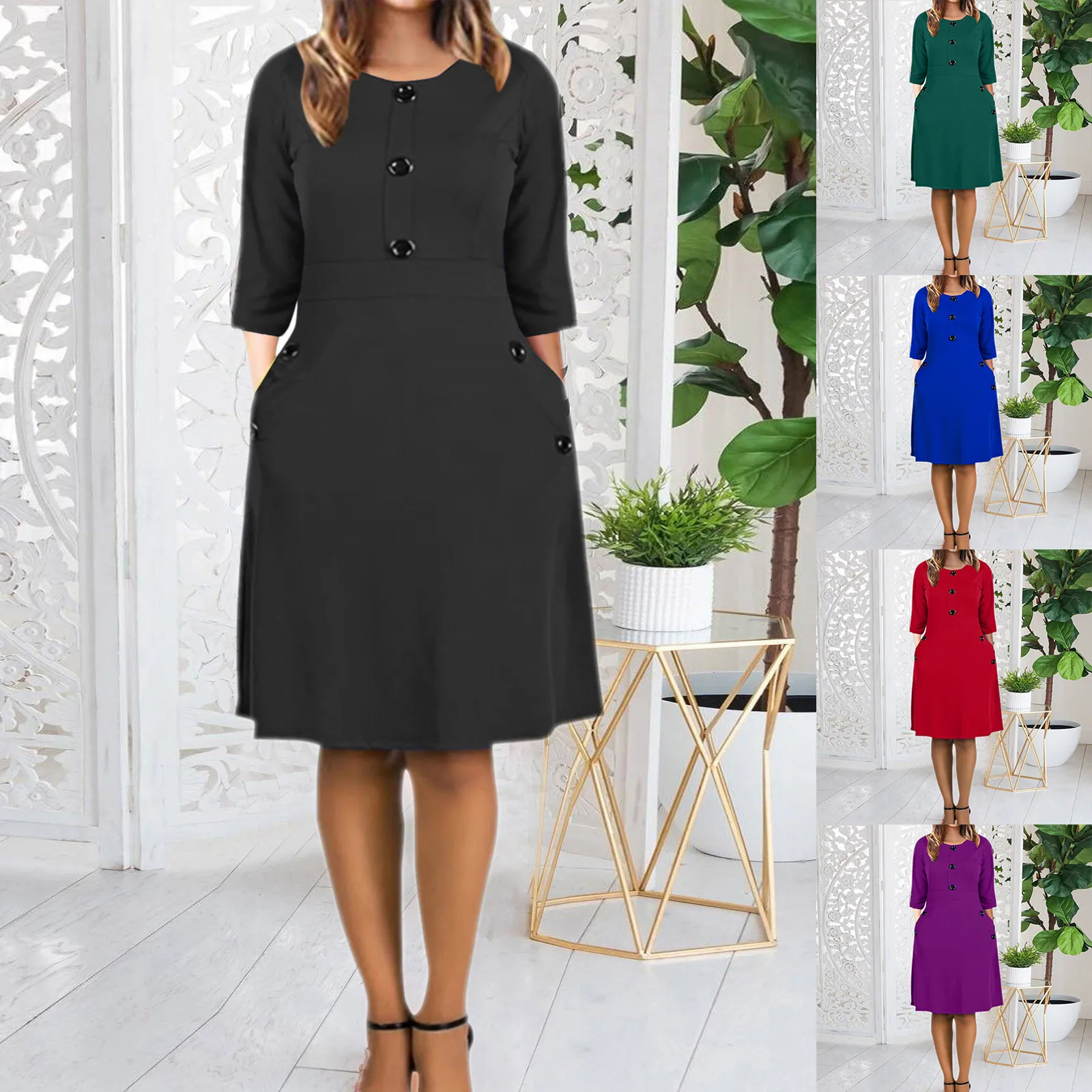 Платье женское однотонное из хлопка и льна с рукавом 3/4 круглым вырезом|Женские