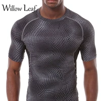 willow leaf quick dry workout running shirt compression fitness tops breathable gym t shirts snake skin clothing male sport