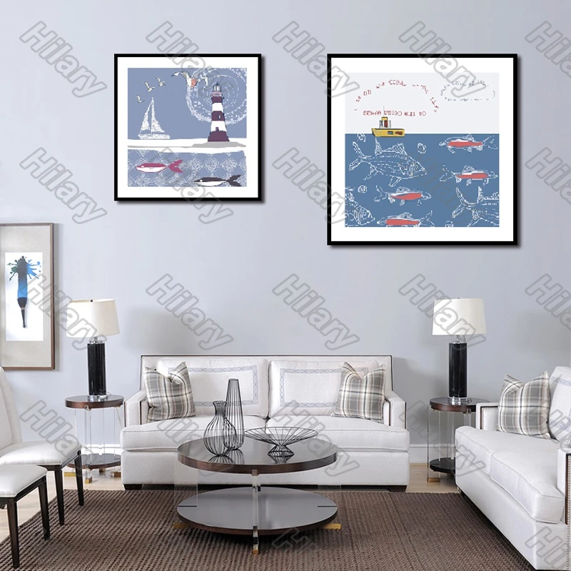 

Posters Fish Ship Lighthouse Abstract Painting and Prints Wall Art Decoration for Living Room and Bedroom 2Pcs Frameless