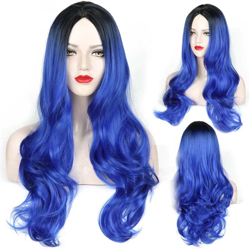 

Wavy Long Wig Blonde Synthetic Ombre Natural Black Brown Blond White Blue Color Cosplay Wigs No Bangs Heat Resistant for Women