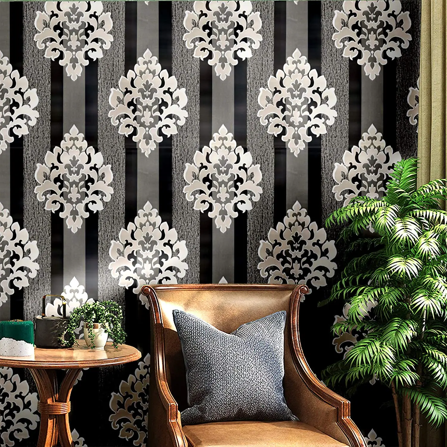 

UAWESO Modern Black Siver Damasks Vinyl Self Adhesive Wallpaper Peel and Stick Waterproof Decorative Contact Paper Wall Decor