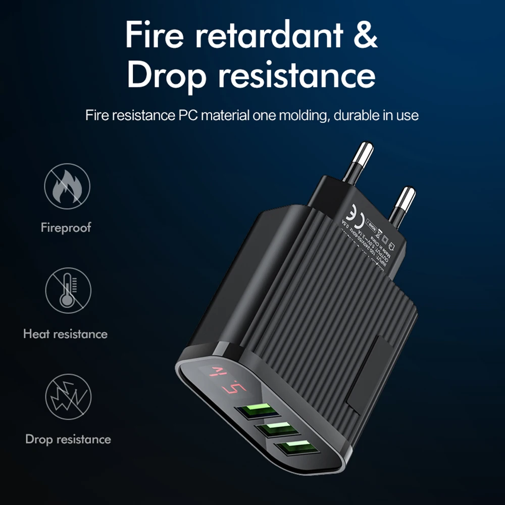 3-портовое зарядное устройство 3A Max с цифровым дисплеем USB умное быстрое для