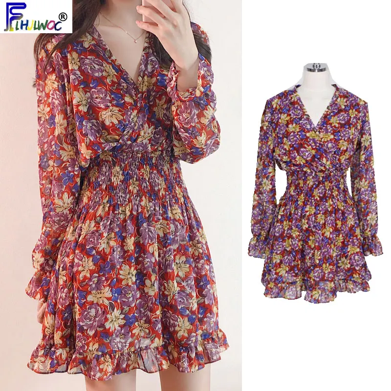 Милые Мини платья с длинным рукавом Женские узкие эластичным поясом v образным