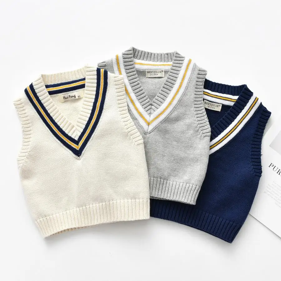 

Хлопковый трикотажный свитер с V-образным вырезом и рукавами для мальчиков, мягкий теплый жилет для малышей, Пуловеры, свитеры для детей, осе...