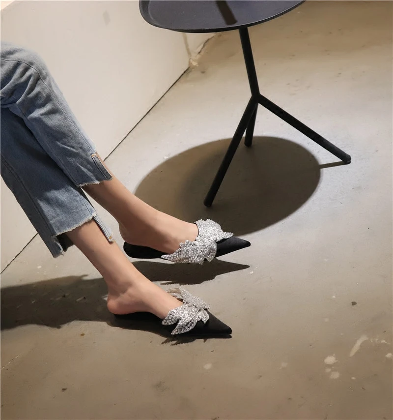 Роскошные Сатиновые шлепанцы со стразами и цветами женские розовые красные