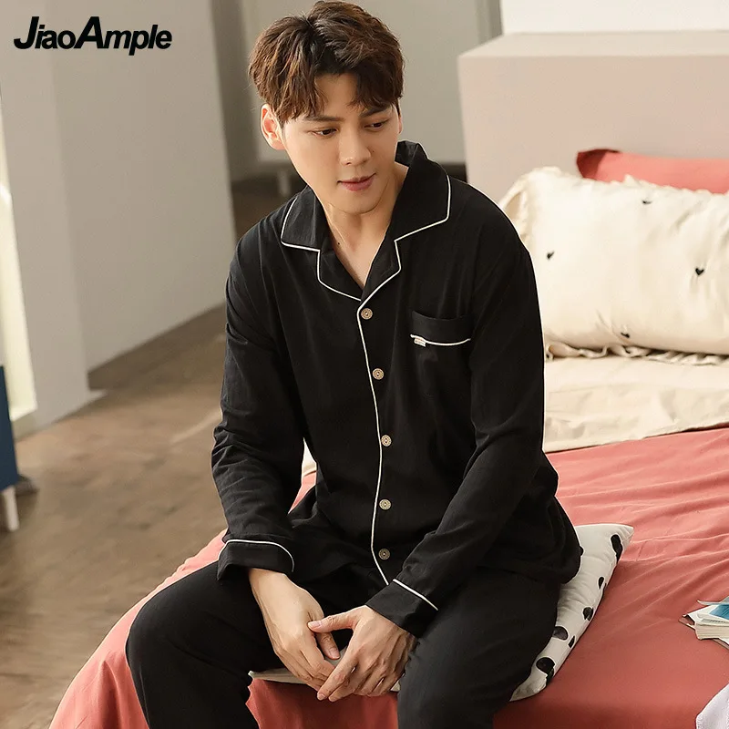 100% Cotton Pajamas Men's Spring Autumn New Cardigan Long-sleeved Trousers Pijamas Two-piece Set Nightie Home Clothes Suit