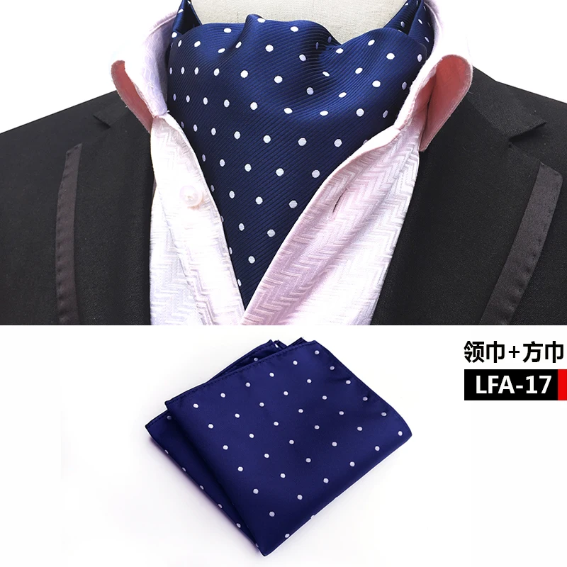 

Gentlemen Designer's Satin Ascot Pocket Square Set Blue with White Polka Dots Stylish Scarf Cravat