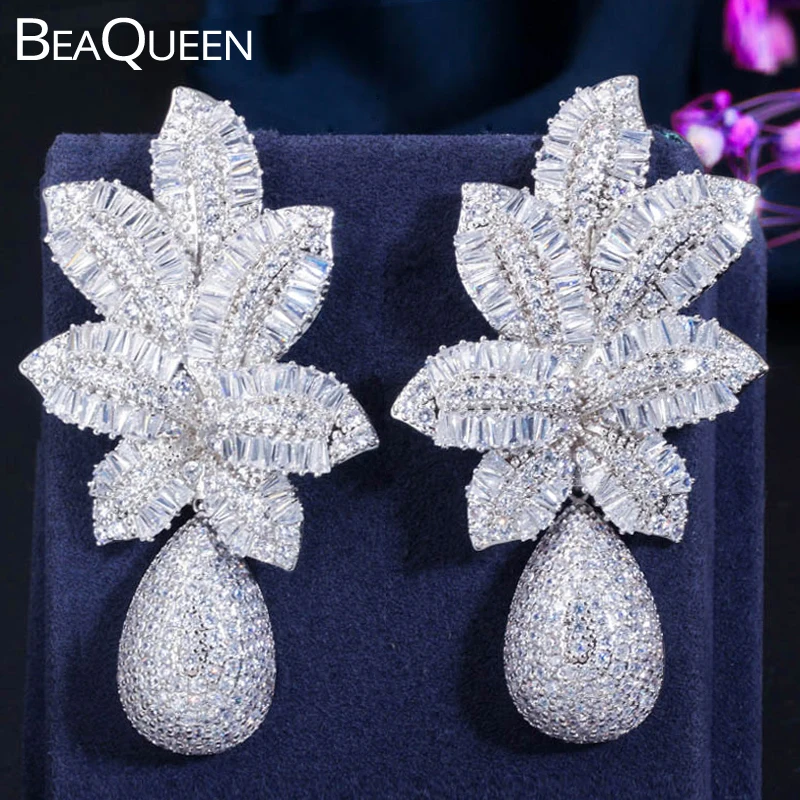 

BeaQueen 70mm Big Leaf Flower Drop Full Micro Cubic Zirconia Paved Long Women Dress Earrings Bridal Wedding Party Jewelry E350