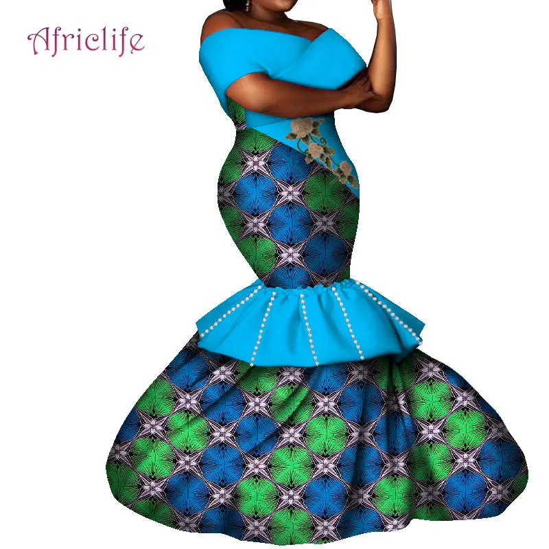 African Dresses for Women  Floor Length Slim Prom Dress One Shoulder Print Dresses WY8497