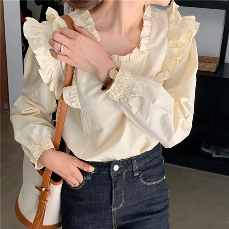 Осенние футболки с длинными рукавами и оборками рубашка в ретро стиле Женская