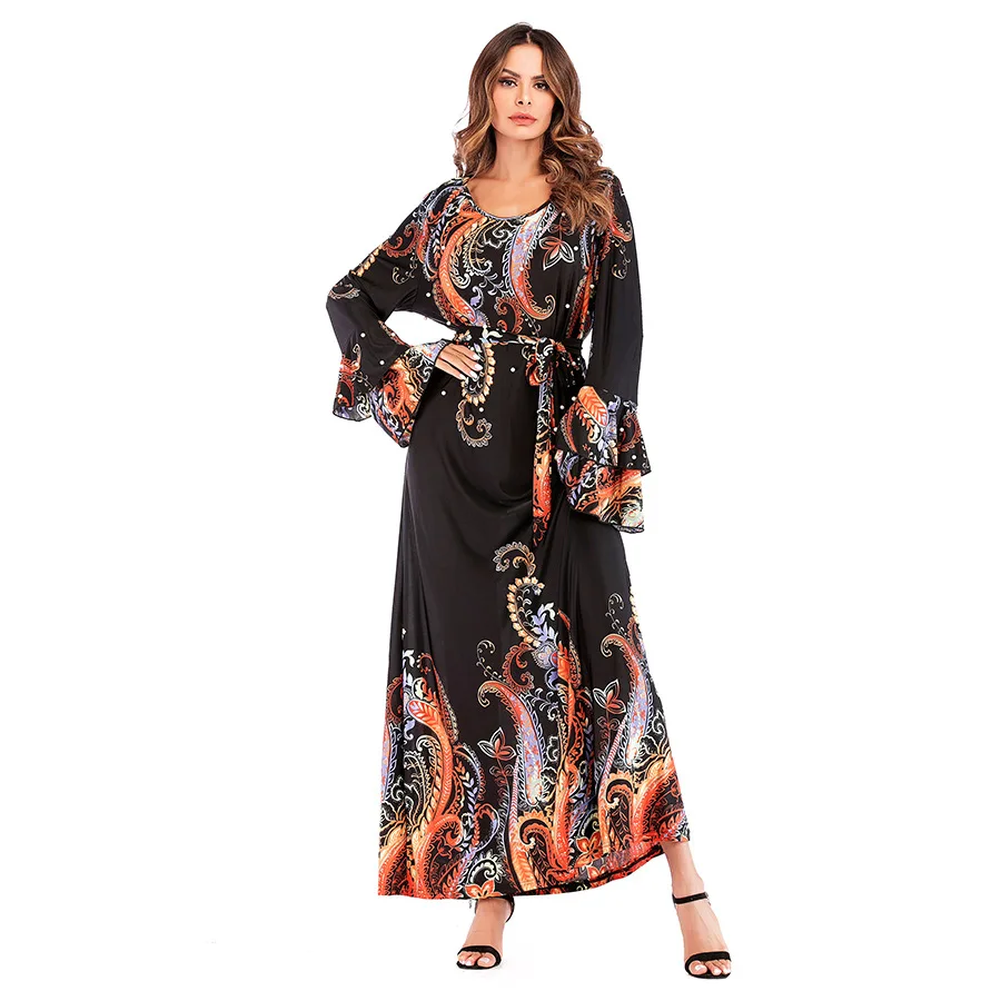 

Donsignet Muslim Dress Muslim Fashion Print Round Collar Bead Long Dress Belt Middle East Eid Arab Islam Dubai Abaya Turkey Robe