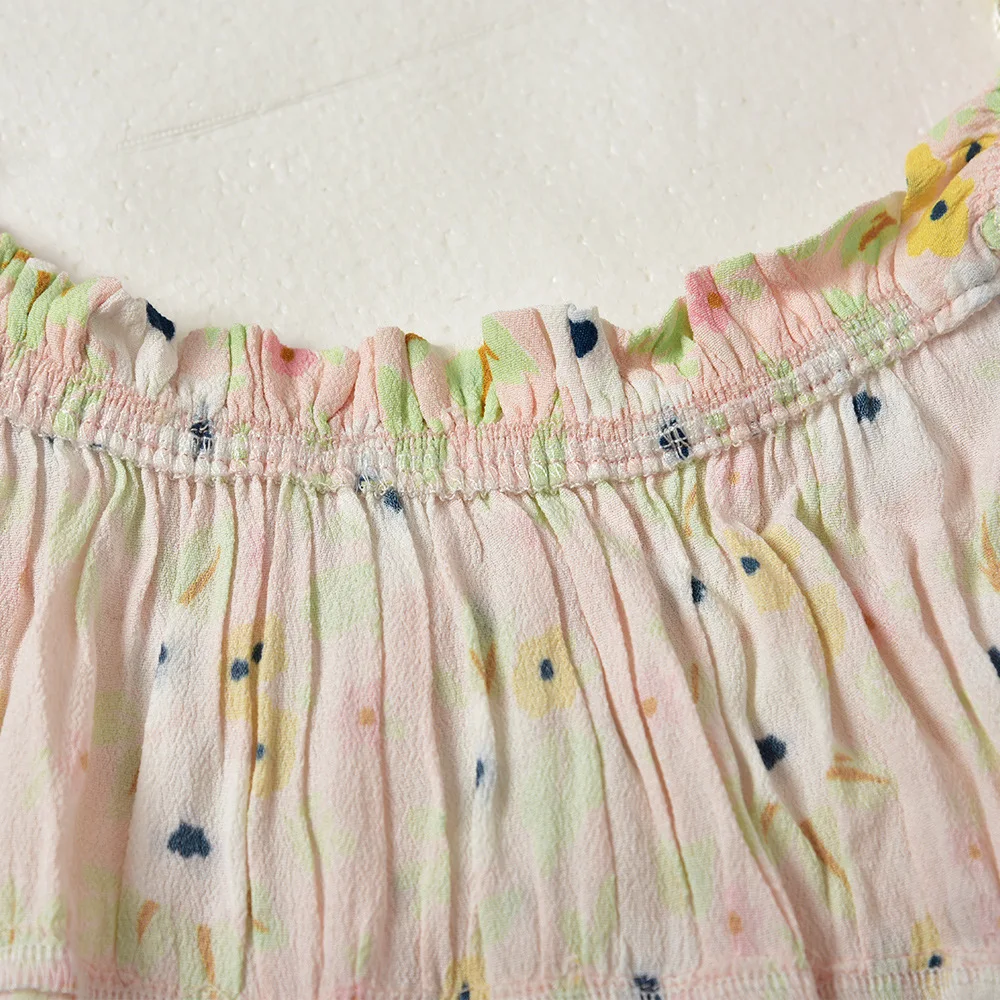 

Square Collar Floral Women Mini Dress Puff Sleeve High Waist Single-breasted Ladies Split Short Dresses