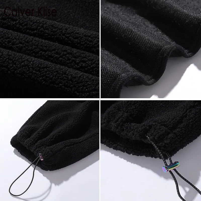 

Calver Klise Mens Fleece Thick Casual Pants Lamb Cashmere Sweatpants Hip Hop Streetwear Harajuku Loose Adjustable Wide Leg Pants