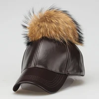 2020 winter new real fur pom pom for women autumn candy color pu leather baseball cap with big raccoon fur pom poms girls cap