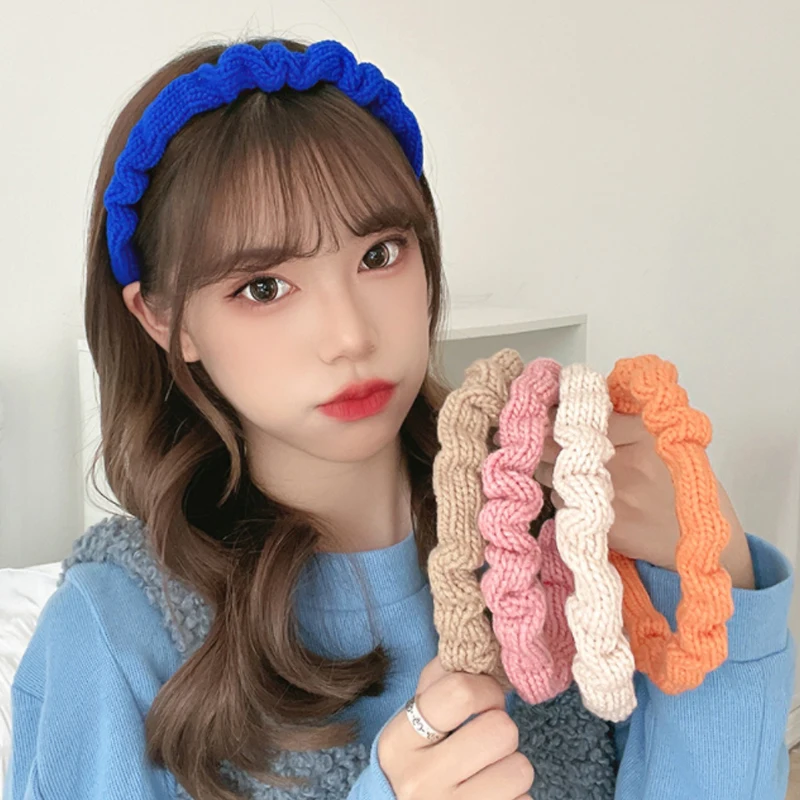 

High Elastic Hairbands Simple Pure Color Pleated Headband Warm Soft Knitted Wool Hair Hoop Hair Accessories Wholesale