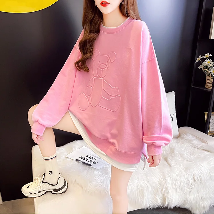 

Новинка Осень женская одежда большого размера в Корейском стиле средней длины свободный свитер с имитацией двух предметов женский