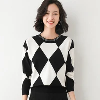 round neck sweater womens 2021 autumn winter new fashion diamond lattice sweater korean color matching bottom shirt women