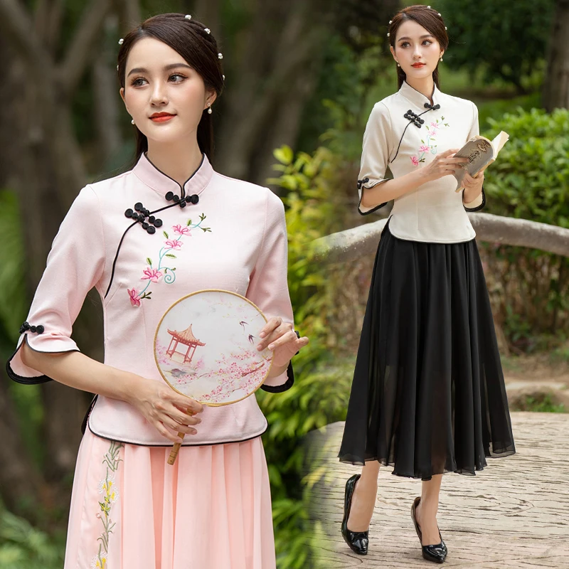 

EHQAXIN Summer Ladies Cheongsam Set Dress Retro Slim Tang Suit Elegant Chinese Embroidery Plate Button Hanfu Ethnic Style S-5XL