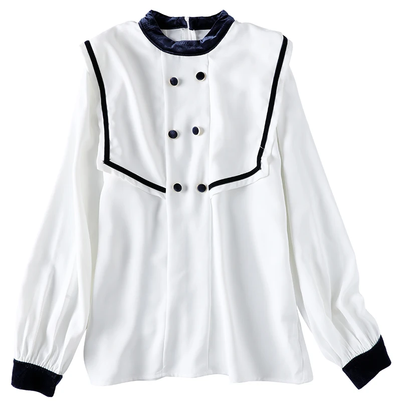 

Women's shirt spring 2021 new design sense chiffon stitching gold velvet contrast color light mature temperament loose blouse