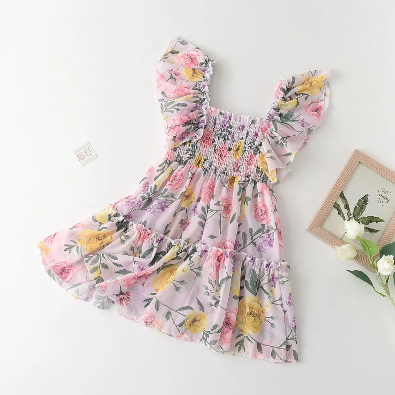 

Новинка 2021, платье для девочек с цветочным принтом и оборками на рукавах, летнее шифоновое платье-комбинезон в пасторальном стиле с цветочн...